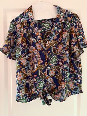 Paisley Tie-Front Button-Up Blouse in Navy